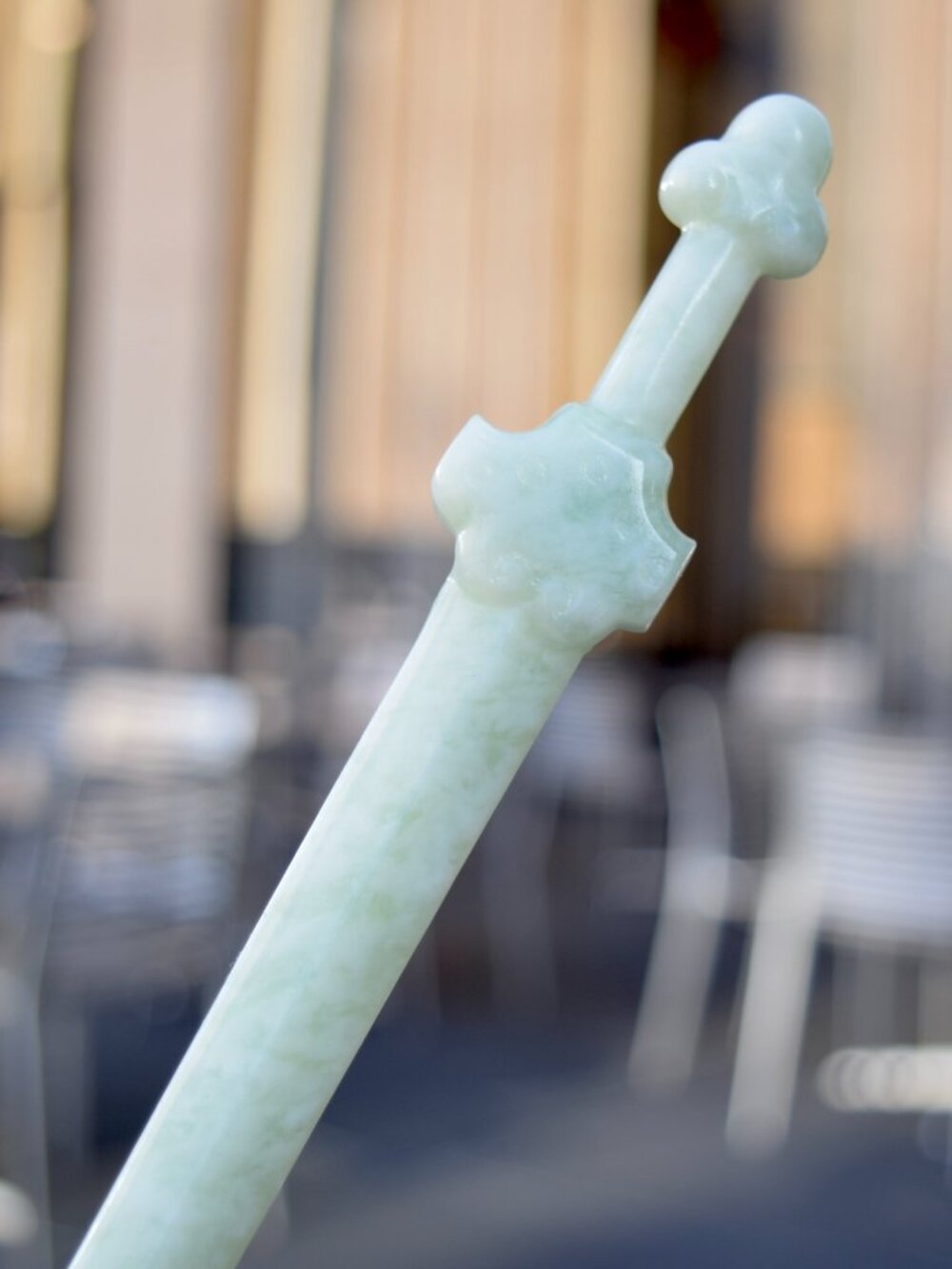 Green Sword Carved Hairpin - Serpentine Jade Hair Stick